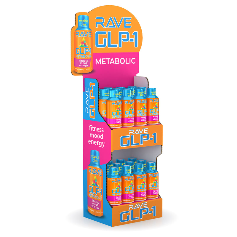 RAVE GLP-1 Shot Tiered Display Master Case Pallet Tropical Bliss
