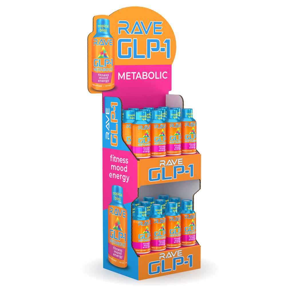 glp-1 paradise RAVE GLP-1 Shot Tiered Display Master Case Pallet Tropical Bliss ($1.6 — X  Mood Drinks