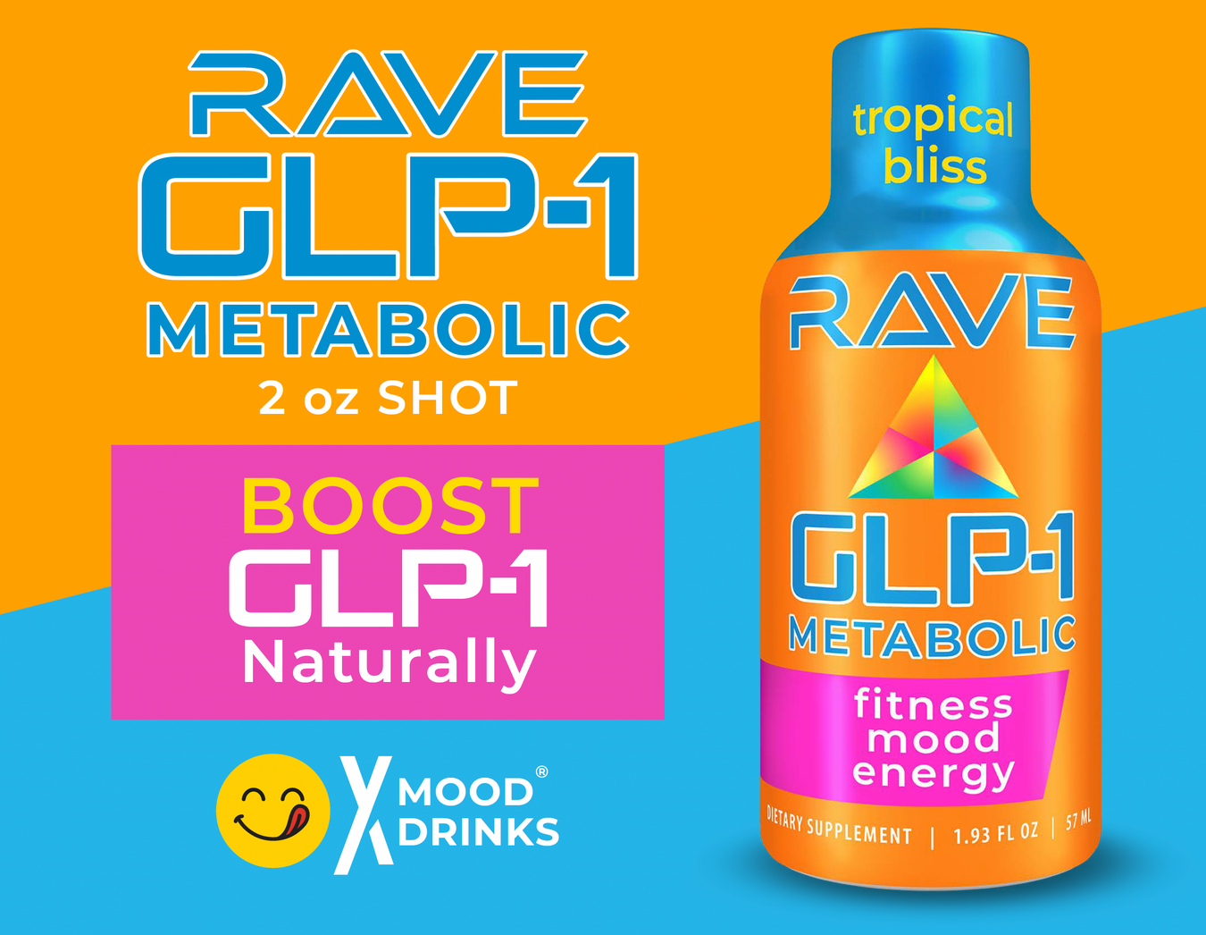 RAVE GLP-1 Shot Countertop Display Tropical Bliss X Mood Drinks RAVE GLP-1 Shot Countertop Display Tropical Bliss X Mood Drinks